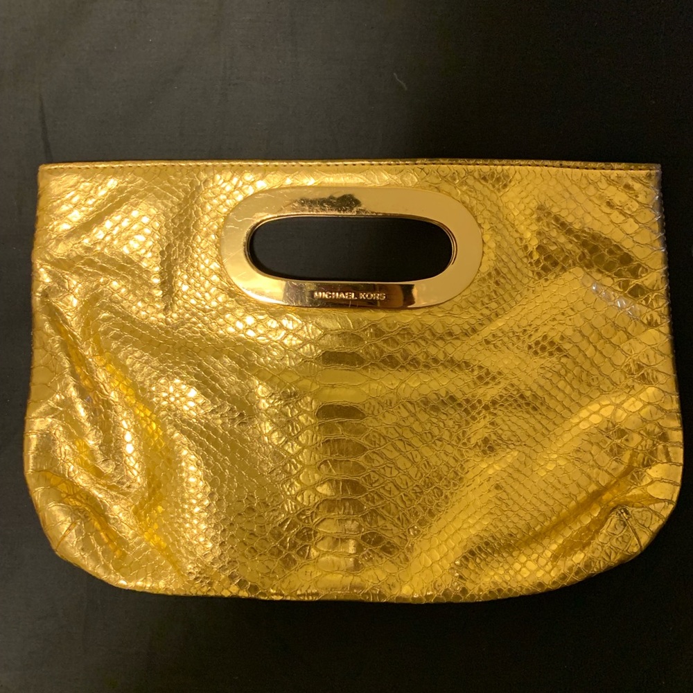 Michael Kors Berkeley Metallic Python Clutch Gold - image 2